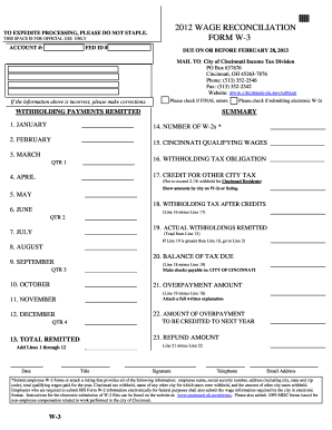 Cincinnati W-3 Wage Reconciliation Form
