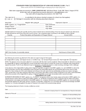Standard Form for Loss and Damage Claim