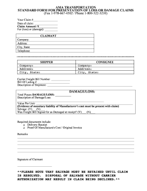 AMA Transportation Damage Claim Form