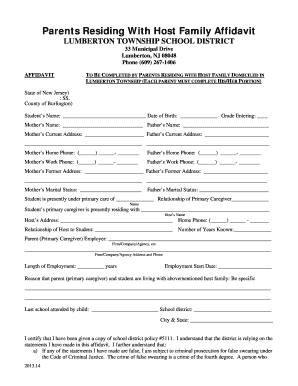 Parents Residing with Host Family Affidavit - lumberton k12 nj