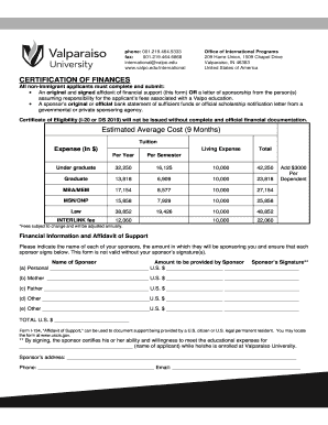 Certification of Finances for Valpo Education