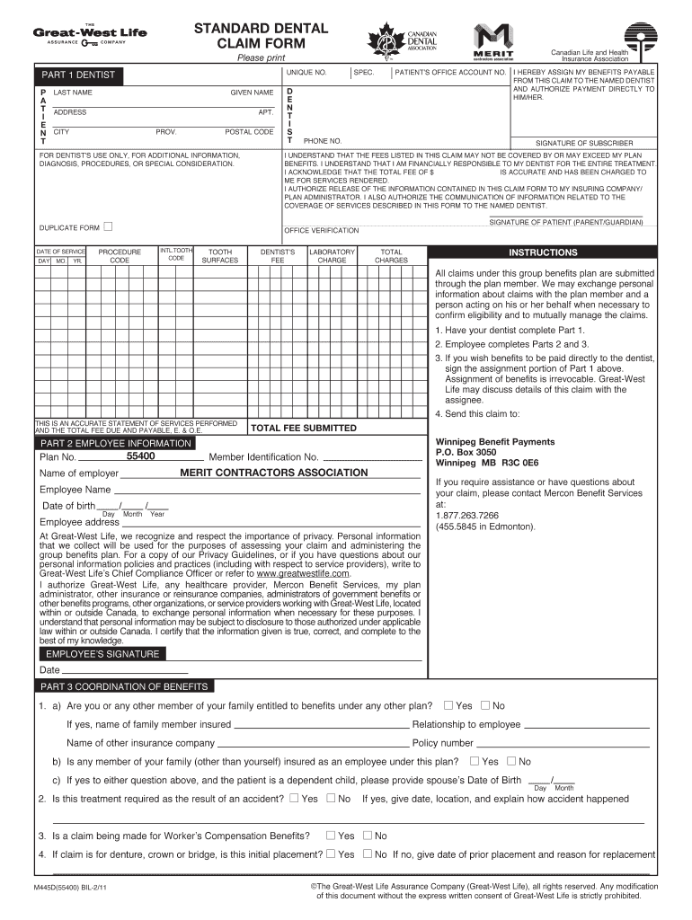 Fillable Online STANDARD DENTAL CLAIM FORM Elan Construction Fax