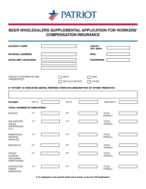 Beer Wholesalers Supplemental Application for Workers' Compensation Insurance