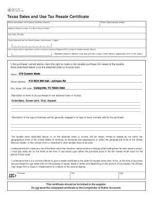 Texas Sales and Use Tax Resale Certificate