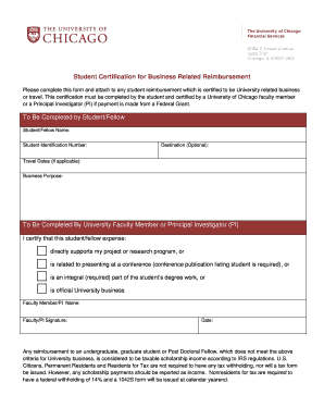 Student Certification for Business Related Reimbursement