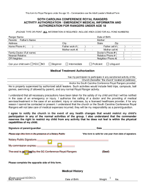 South Carolina Royal Rangers Activity Authorization Form