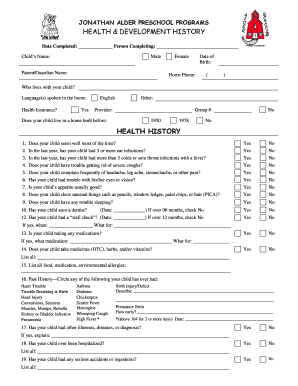 Preschool Health and Development History Form