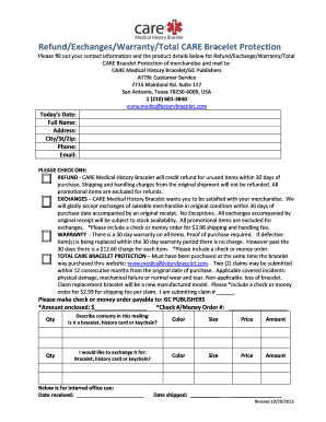 CARE Bracelet Refund Exchange Warranty Form