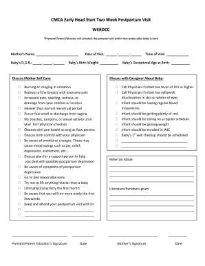 Early Head Start Postpartum Visit Form