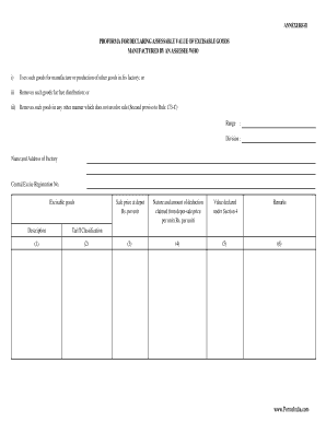 Proforma for Declaring Assessable Value of Excisable Goods