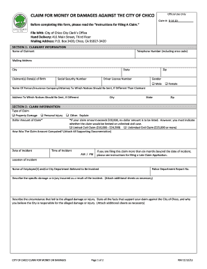 CLAIM FOR MONEY OR DAMAGES AGAINST THE CITY OF