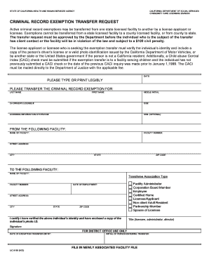 California Criminal Record Exemption Transfer Request