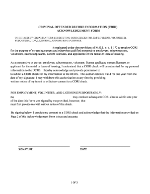 Criminal Offender Record Information (CORI) Acknowledgment Form