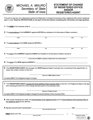 Iowa Statement of Change of Registered Office