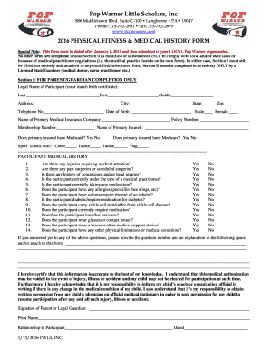 2016 Pop Warner Physical Fitness and Medical History Form