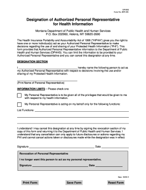 Montana HIPAA Authorized Personal Representative Designation