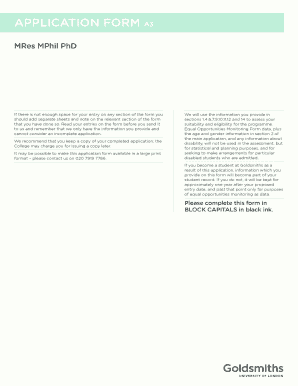 Goldsmiths College MRes MPhil PhD Application Form