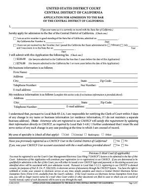 Application for Admission to the Bar of the Central District of California