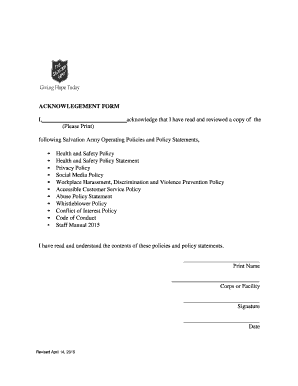 Acknowledgement Form for Salvation Army Policies