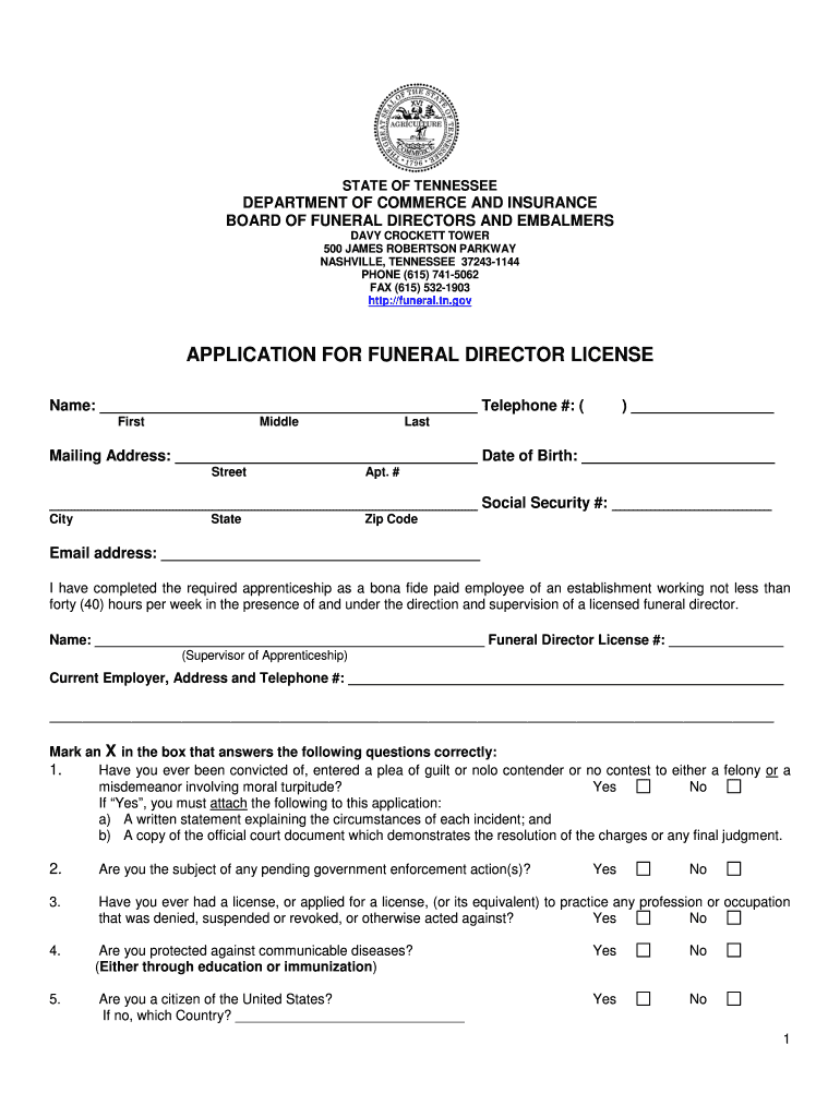 Fillable Online tennessee APPLICATION FOR FUNERAL DIRECTOR LICENSE Fax