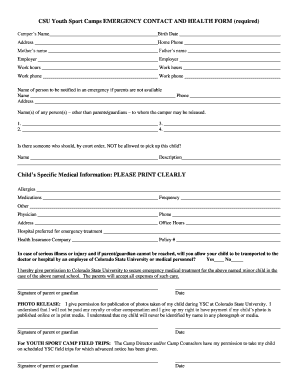 CSU Youth Sport Camps Emergency Contact and Health Form
