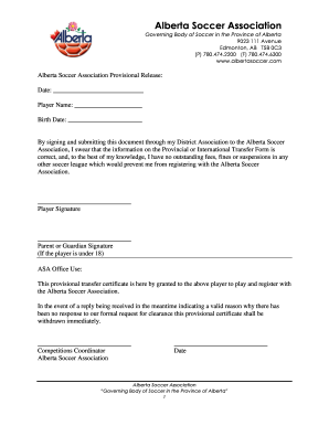 Alberta Soccer Association Provisional Release