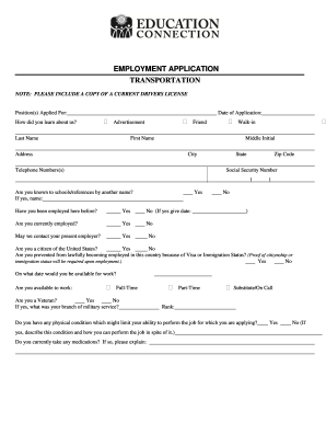 Employment Application for Transportation