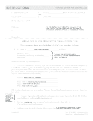 Indiana Verified Motion for Continuance