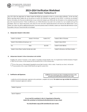 2013-2014 FAFSA Verification Worksheet