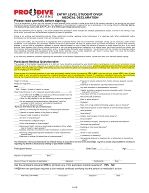 Entry Level Student Diver Medical Declaration