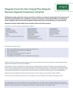 Unipol Dispute Form for Deposit Protection Scheme
