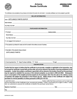 Arizona Resale Certificate 5000A