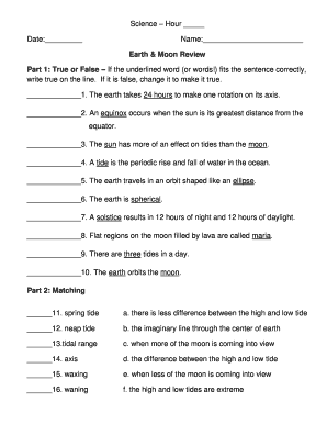 Earth & Moon Review Worksheet