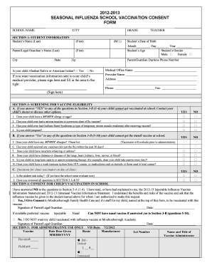 2012-2013 Seasonal Influenza School Vaccination Consent Form