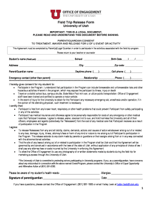 University of Utah Field Trip Release Form