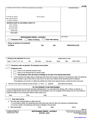 California Juvenile Restraining Order Form JV-250