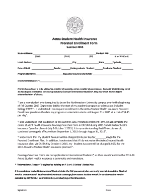 Aetna Student Health Insurance Prorated Enrollment Form