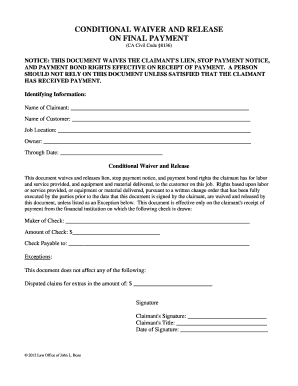 Fillable Online bozelaw Conditional Waiver and Release - Final Form Fax ...