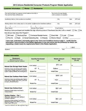 2012 Arizona Residential Consumer Products Program Rebate Application