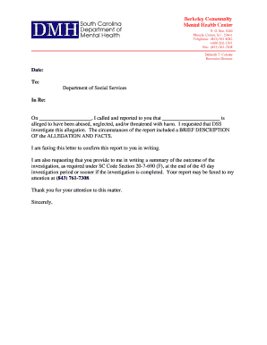 South Carolina Abuse Report Confirmation Letter