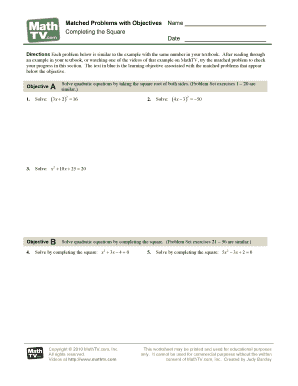 Completing the Square Worksheet