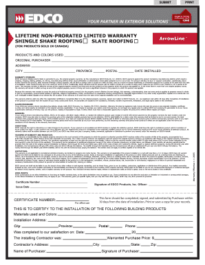 ArrowLine Shingle Shake Roofing Warranty Certificate