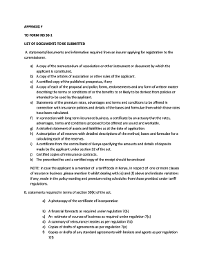APPENDIX F TO FORM INS 30-1 LIST OF DOCUMENTS TO BE SUBMITTED