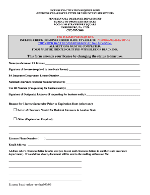 Pennsylvania License Inactivation Request Form