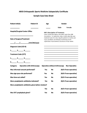 Orthopaedic Sports Medicine Case Data Sheet