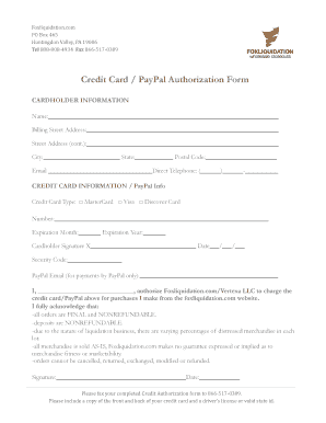 Credit Card PayPal Authorization Form