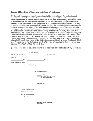 New York Note of Issue and Certificate of Readiness