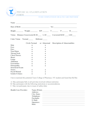 Physical Examination Form for Student