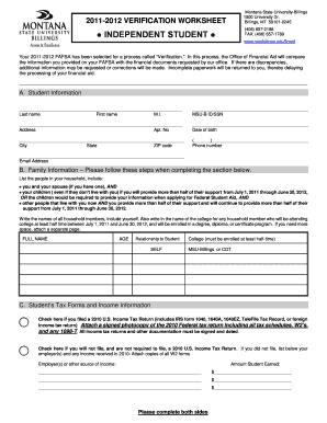 Montana State University-Billings 2011-2012 Verification Worksheet