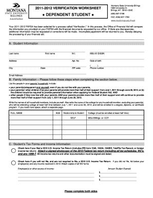 Montana State University-Billings Verification Worksheet